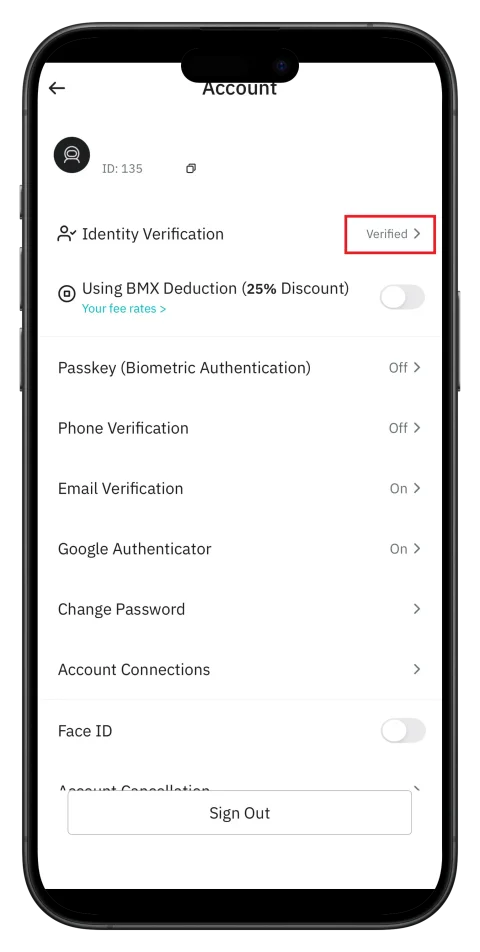 BitMart KYC verification complete - Account settings