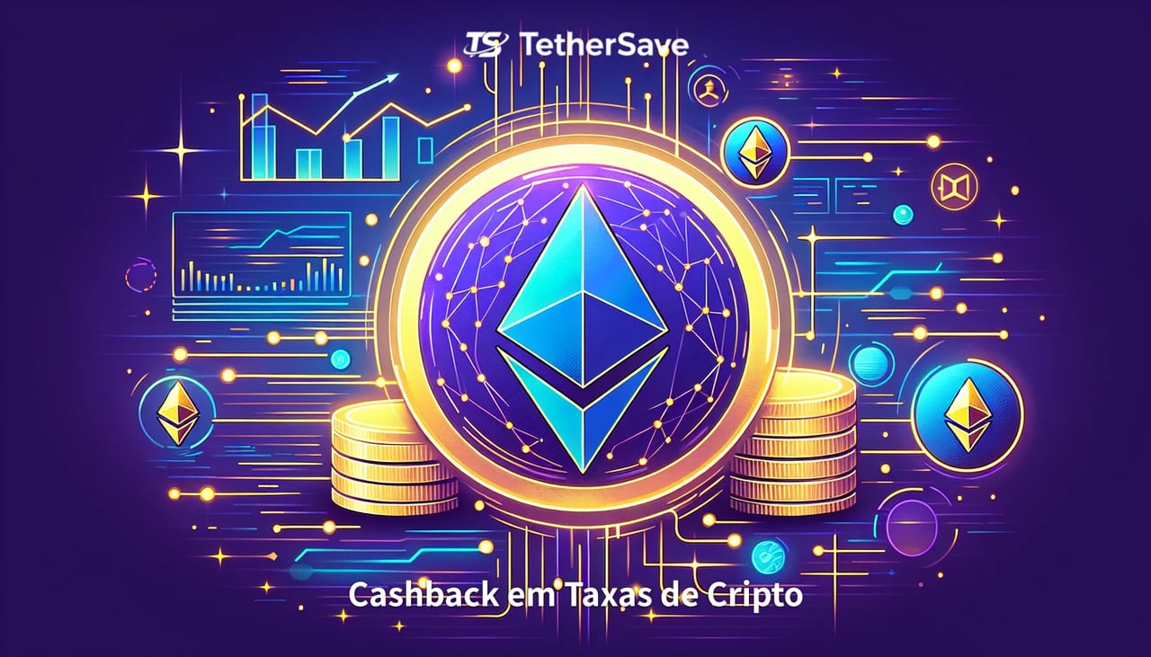 Imagem abstrata de símbolos do Ethereum em azul, roxo e dourado