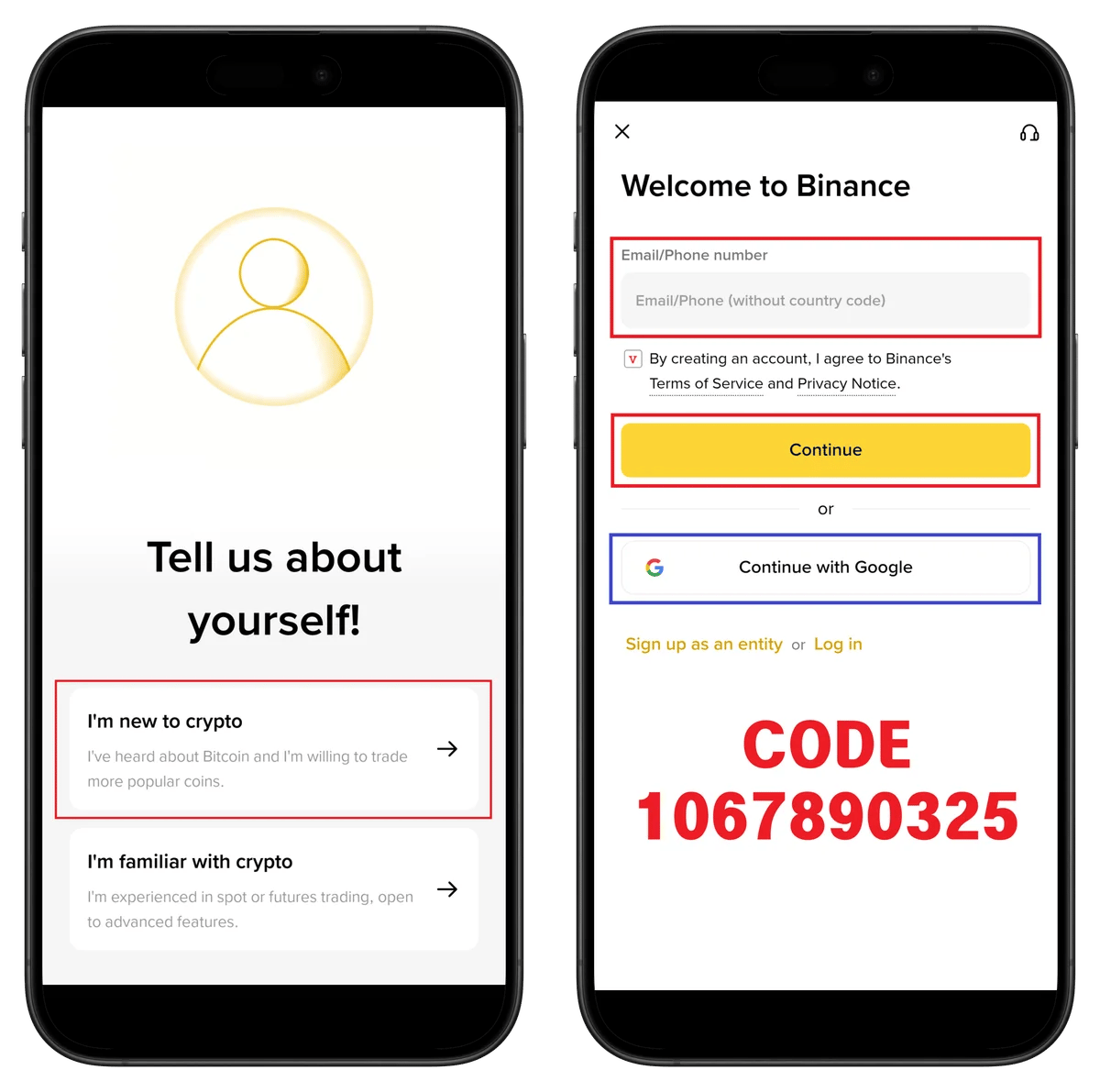 Binance registration experience selection and email entry screen