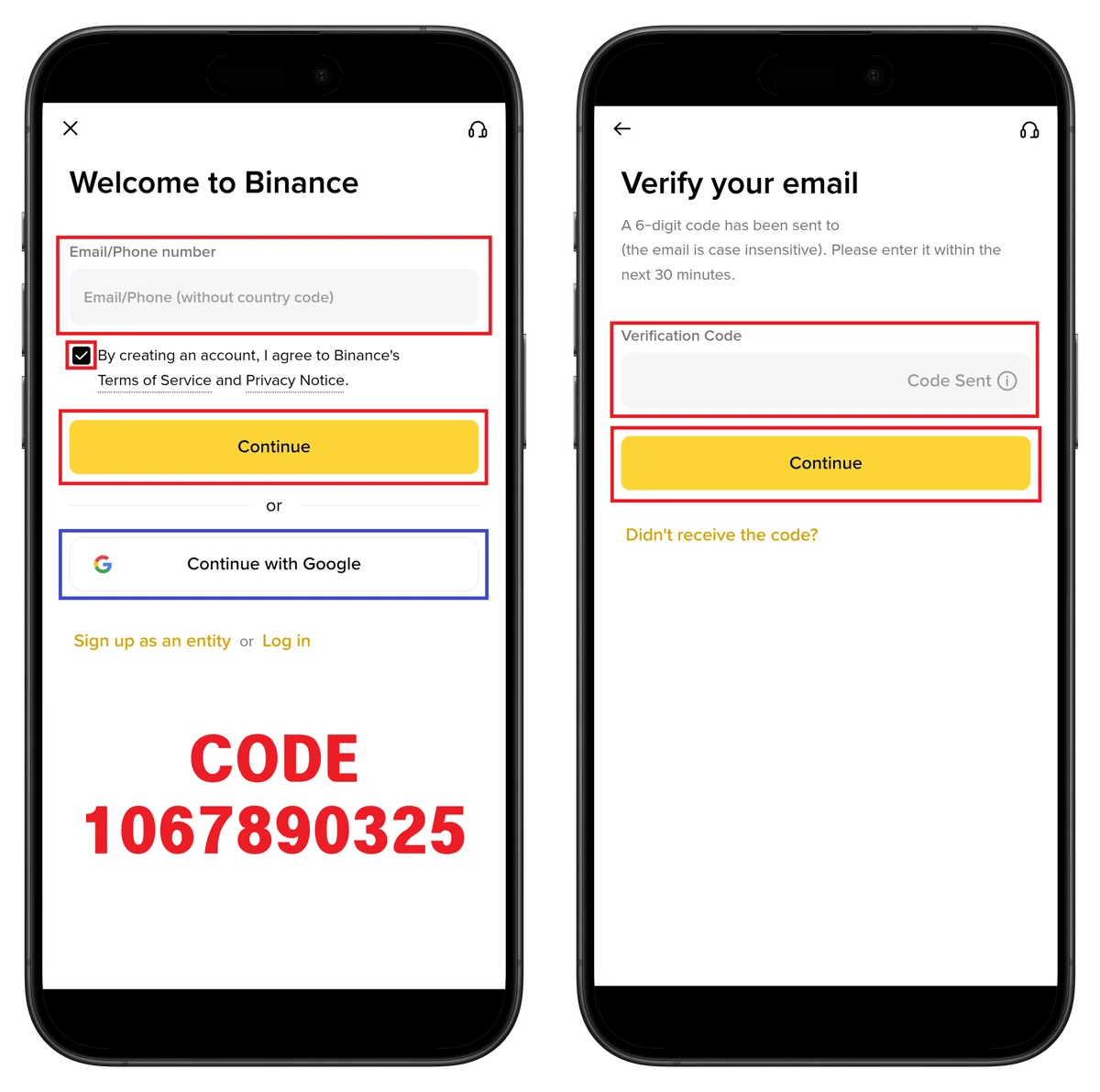 Binance terms agreement and email verification code screen