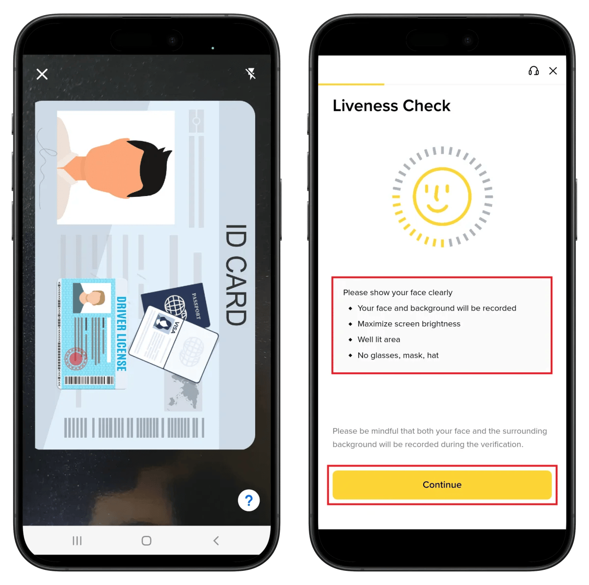 Binance ID capture and facial verification screen
