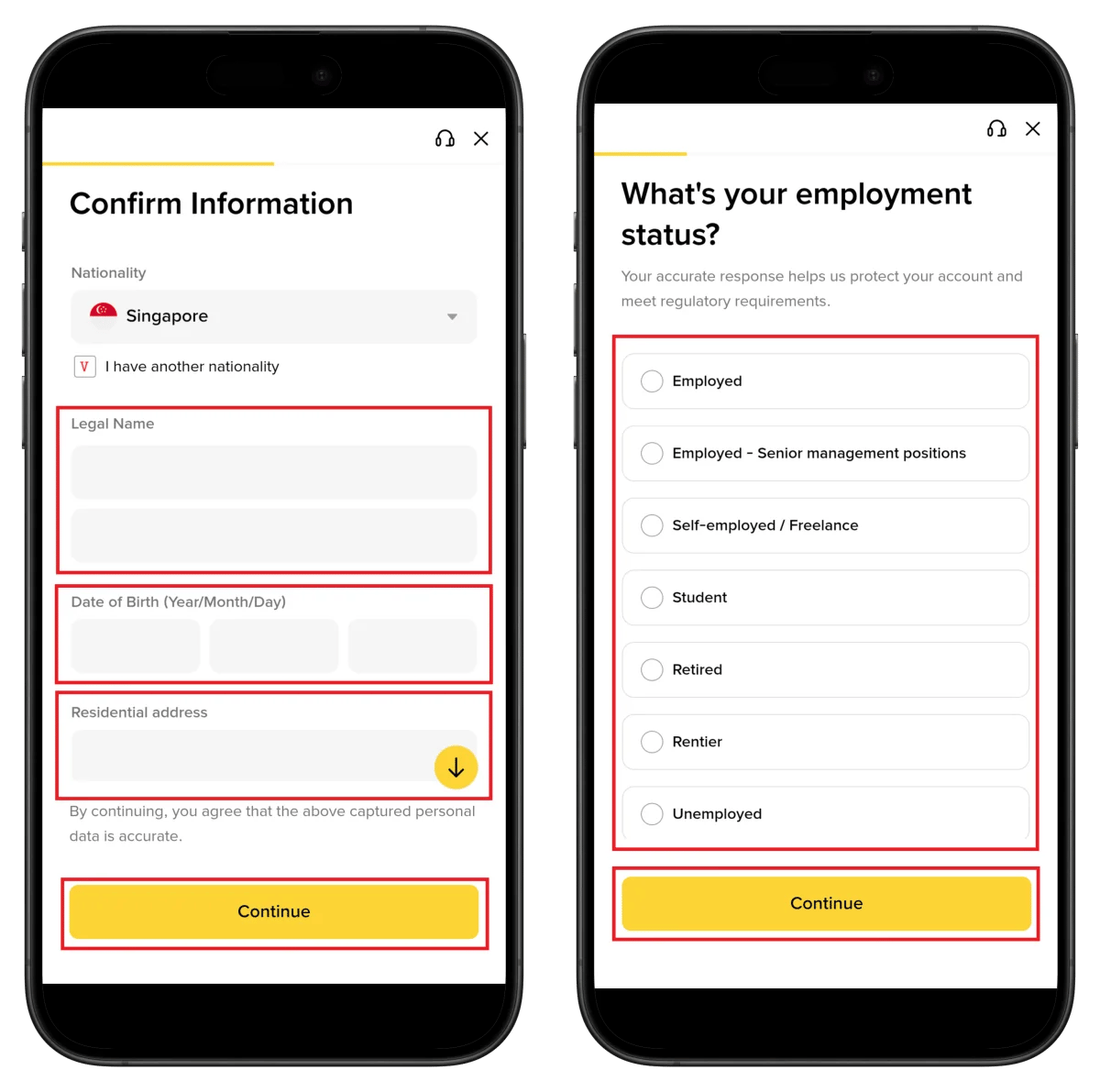 Binance personal information entry screen