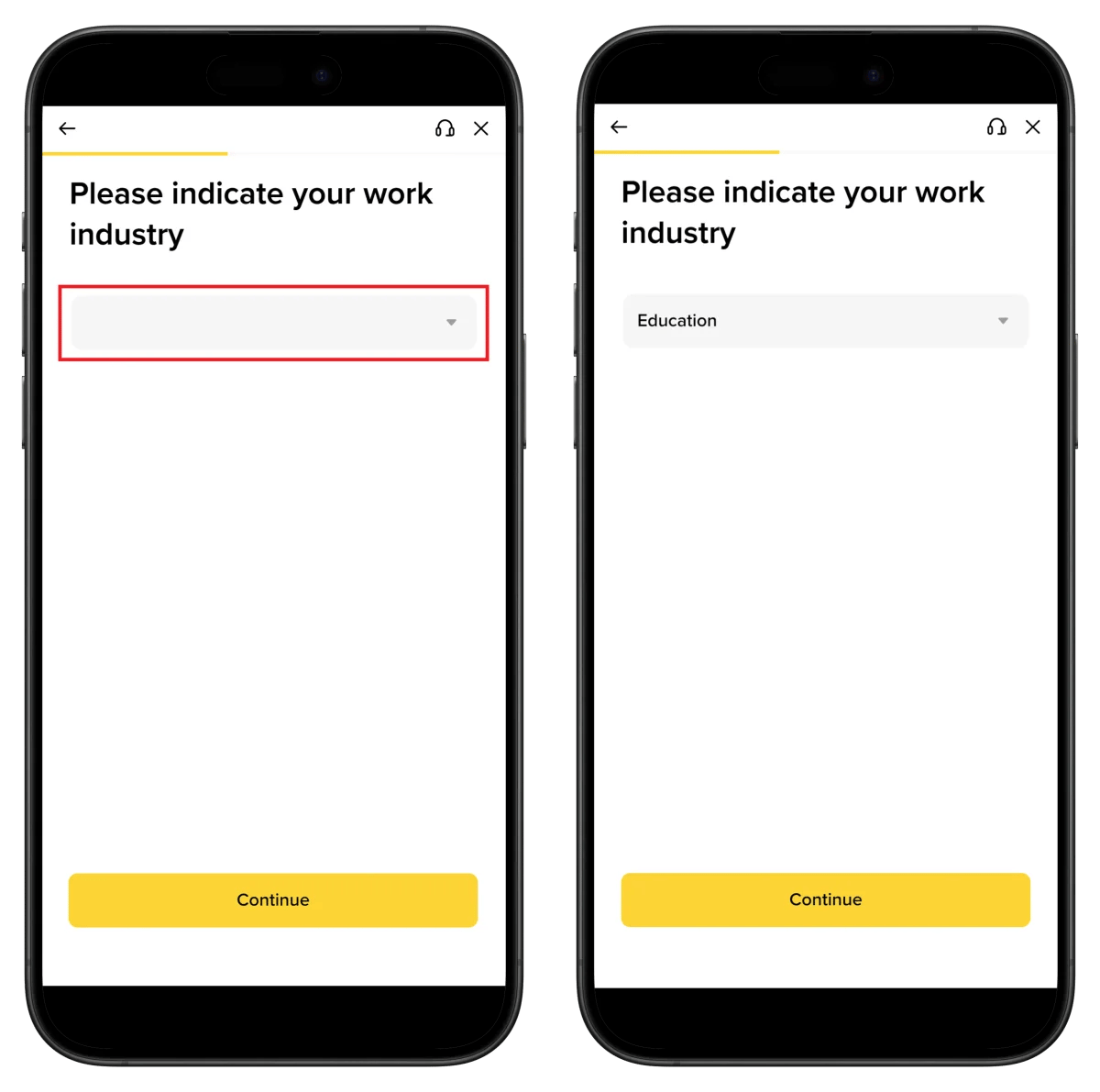 Binance employment industry selection screen