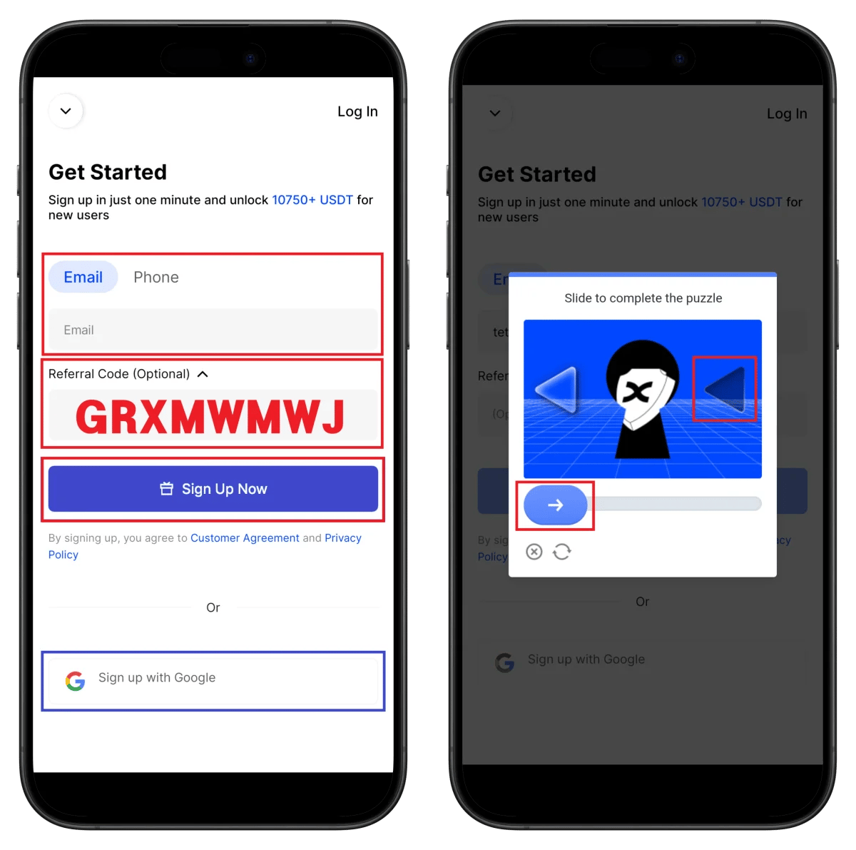 BingX registration email entry and puzzle verification screen