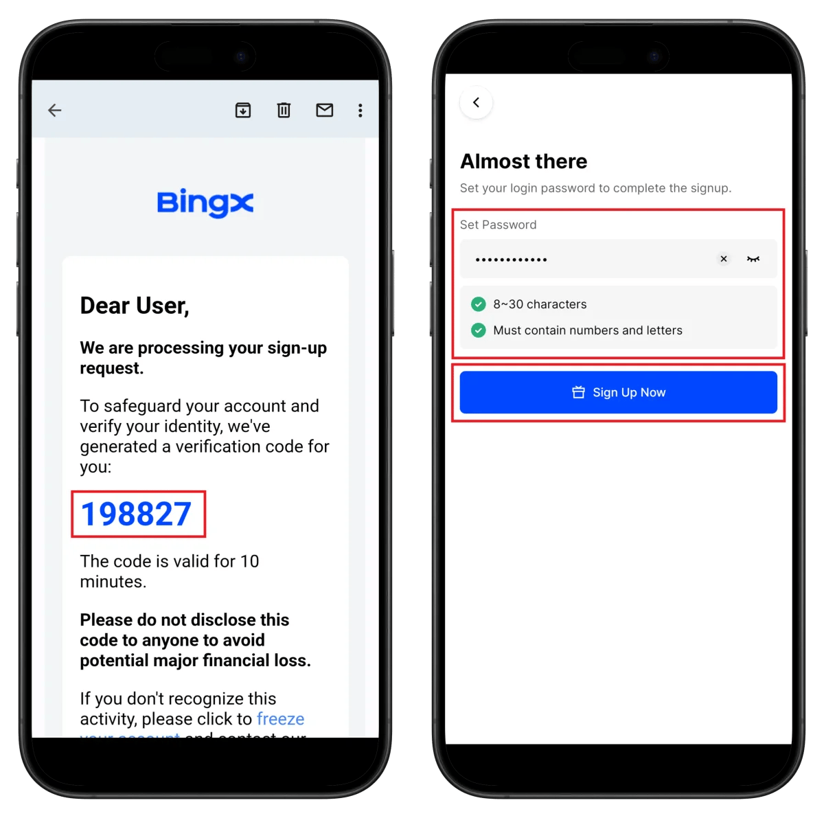 BingX email verification code and password setup screen