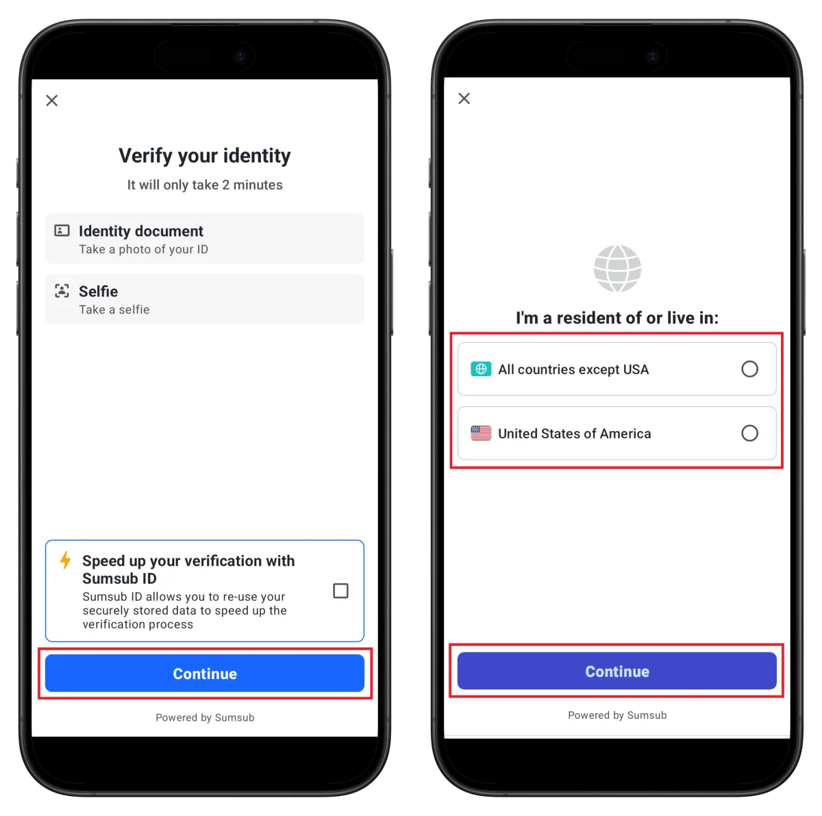 BingX Sumsub verification start and country selection screen