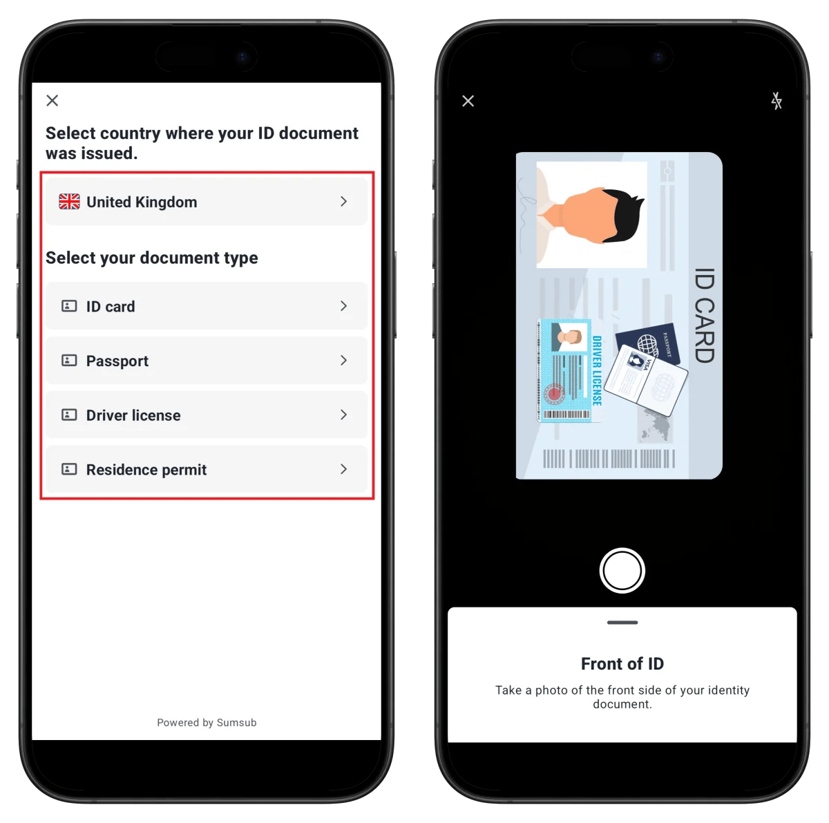 BingX ID type selection and capture screen