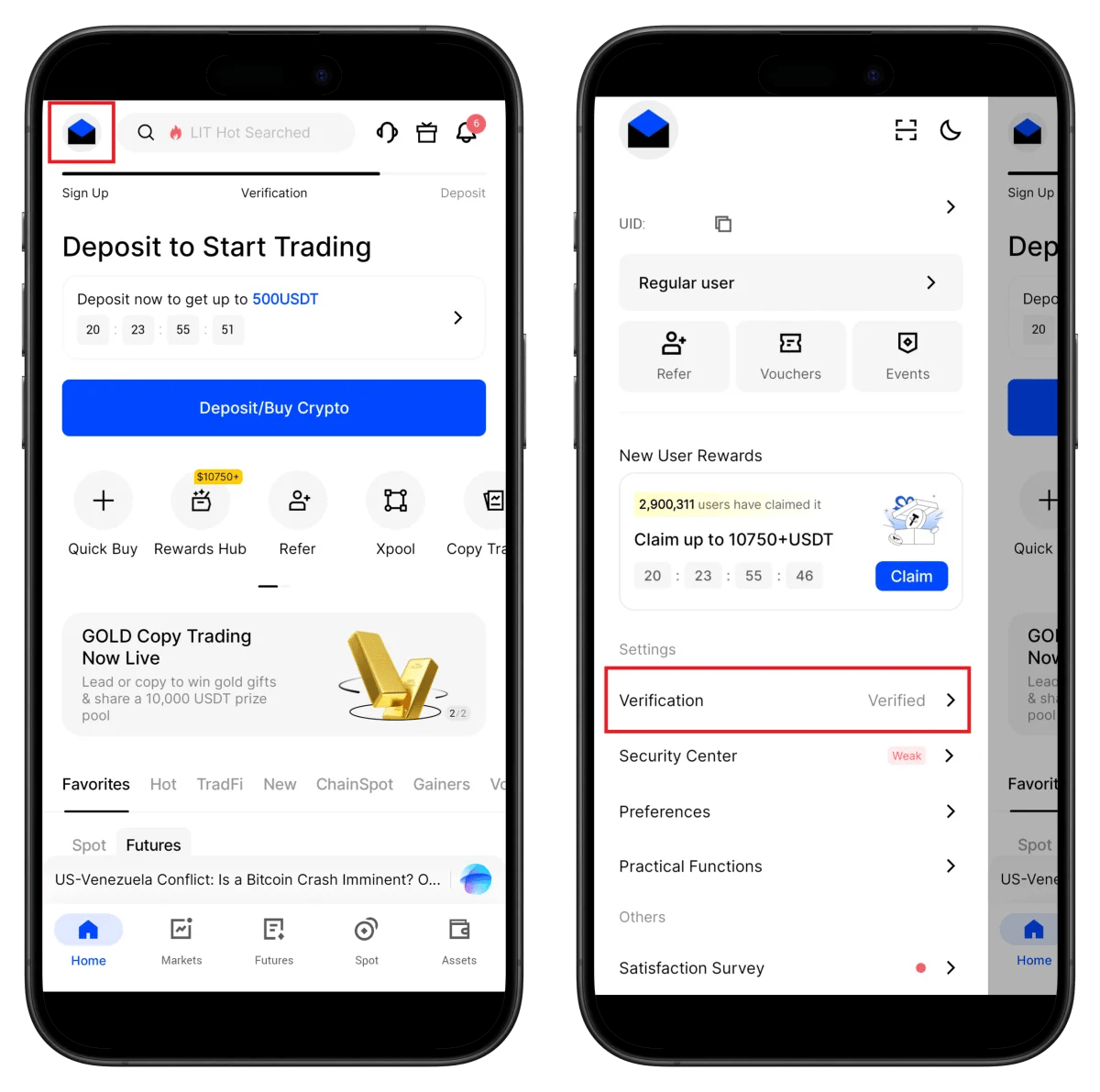 BingX home screen and verification status check