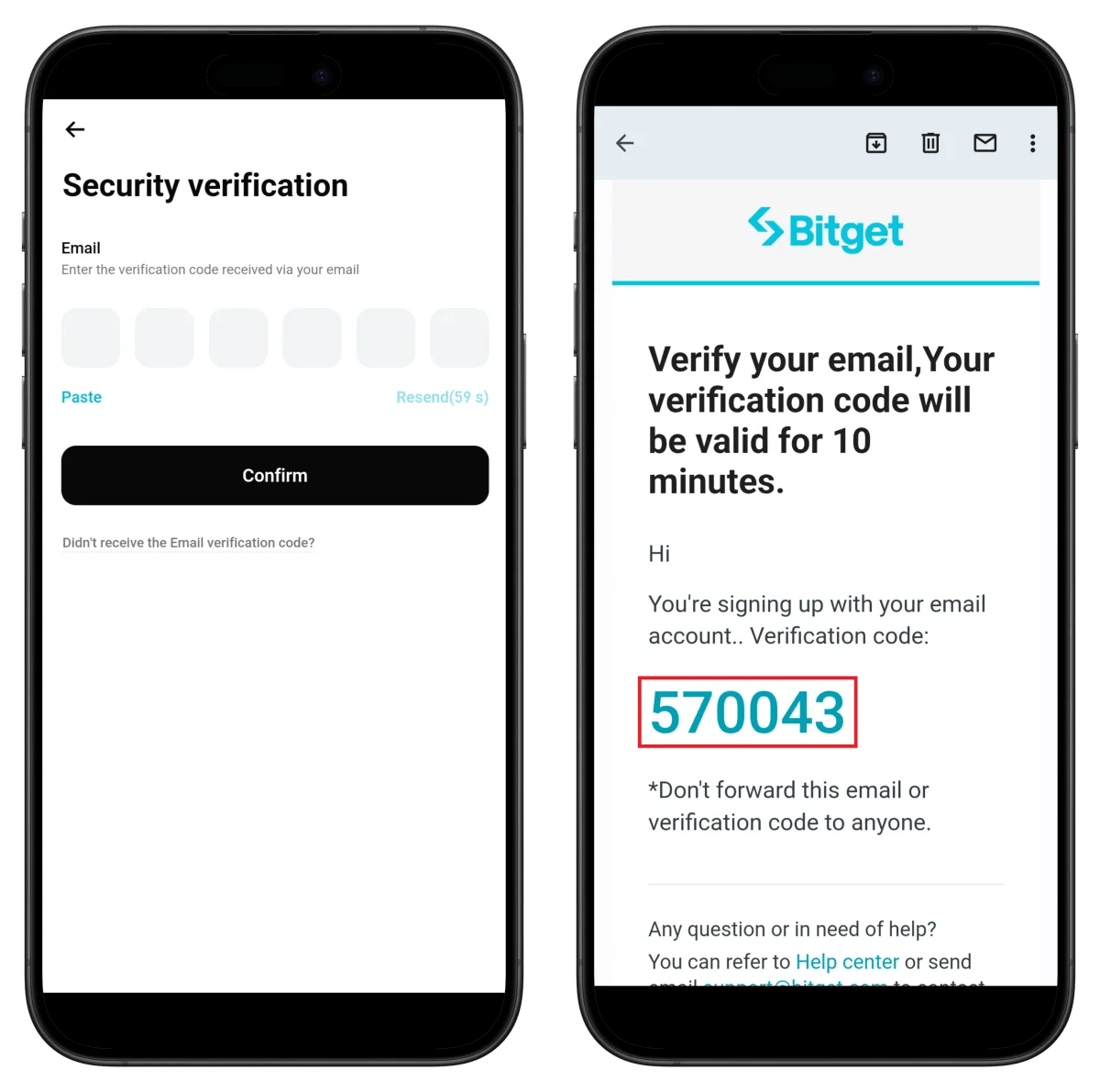 Bitget email verification code entry screen