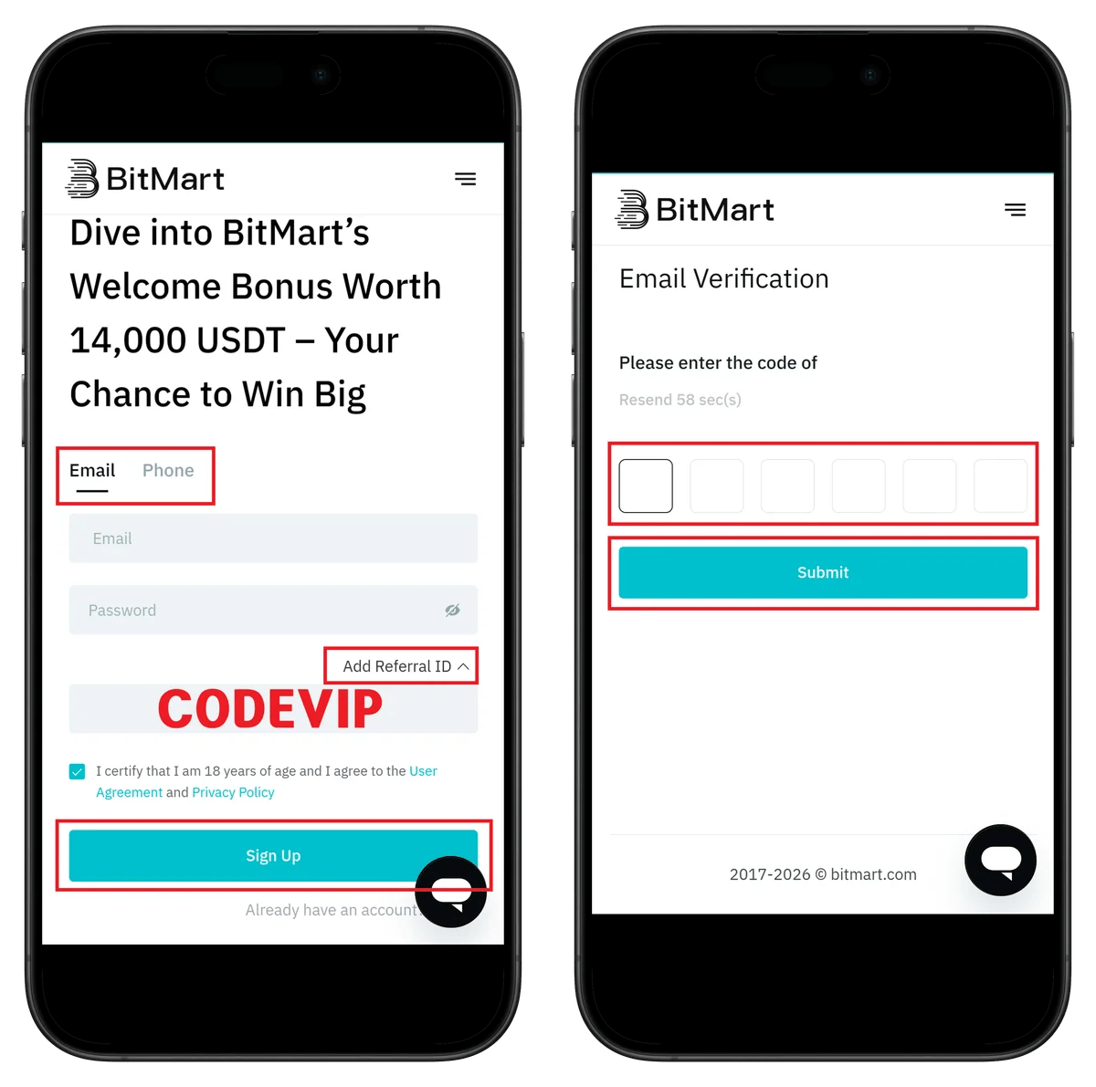 BitMart signup enter email and verification code