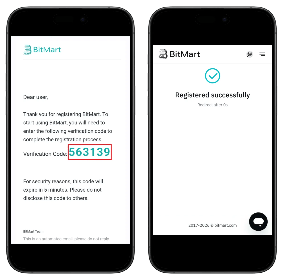BitMart email verification and registration complete