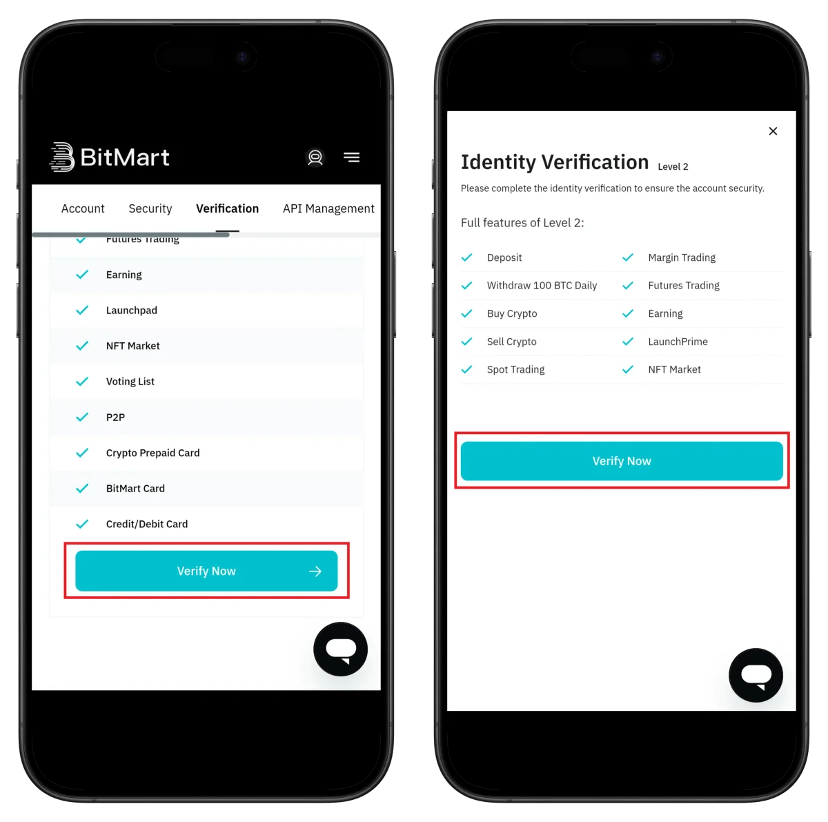 BitMart Level 2 verification start screen