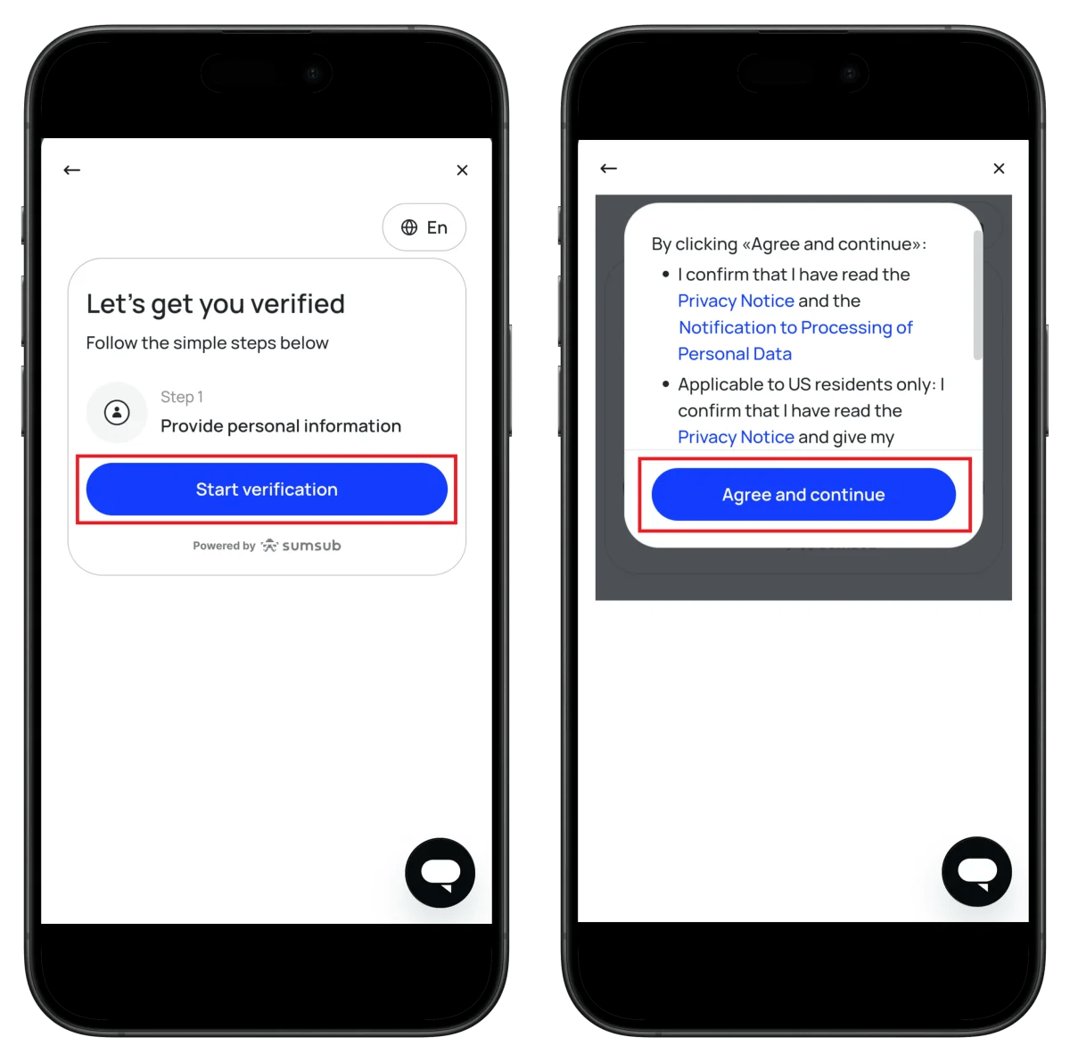 BitMart Sumsub verification start and terms agreement