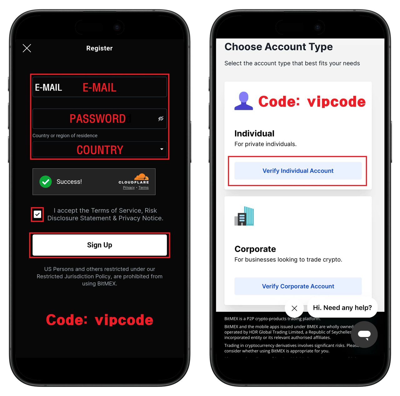BitMEX signup and account type selection screen