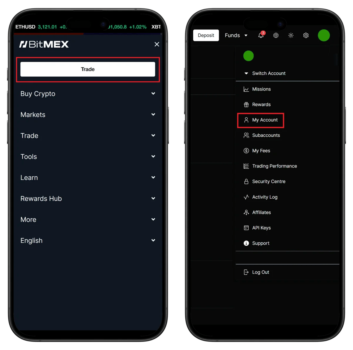 BitMEX menu and My Account