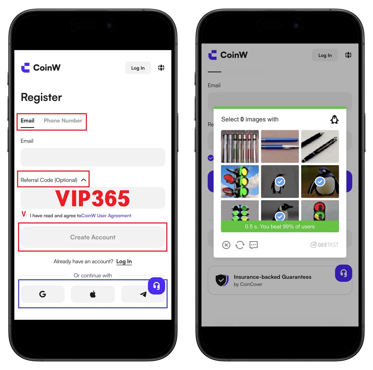 CoinW signup email input and image selection screen