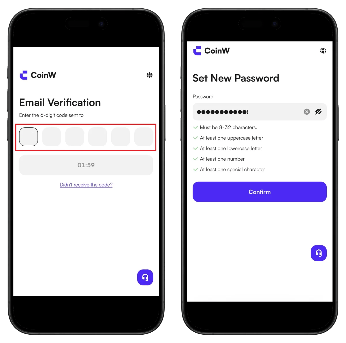 CoinW email verification and password setup screen