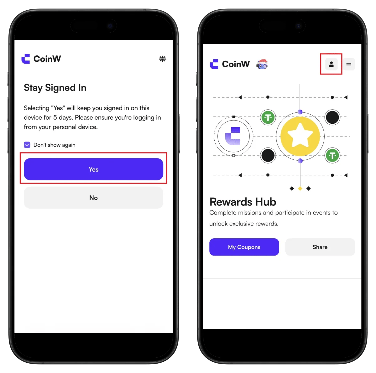 CoinW stay signed in and main screen