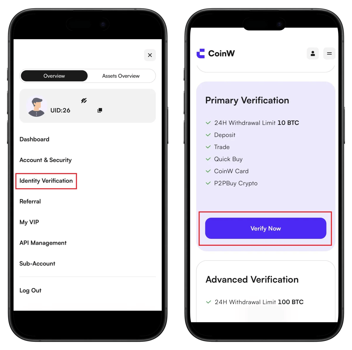 CoinW KYC verification menu and Primary Verification