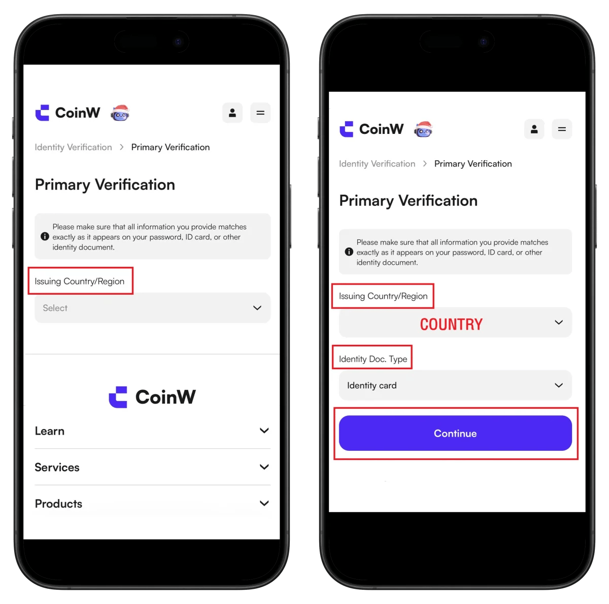 CoinW country and ID selection screen