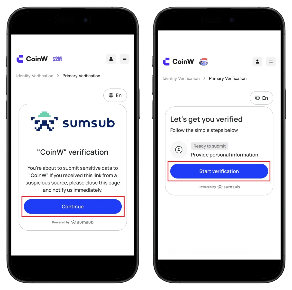 CoinW Sumsub verification start screen