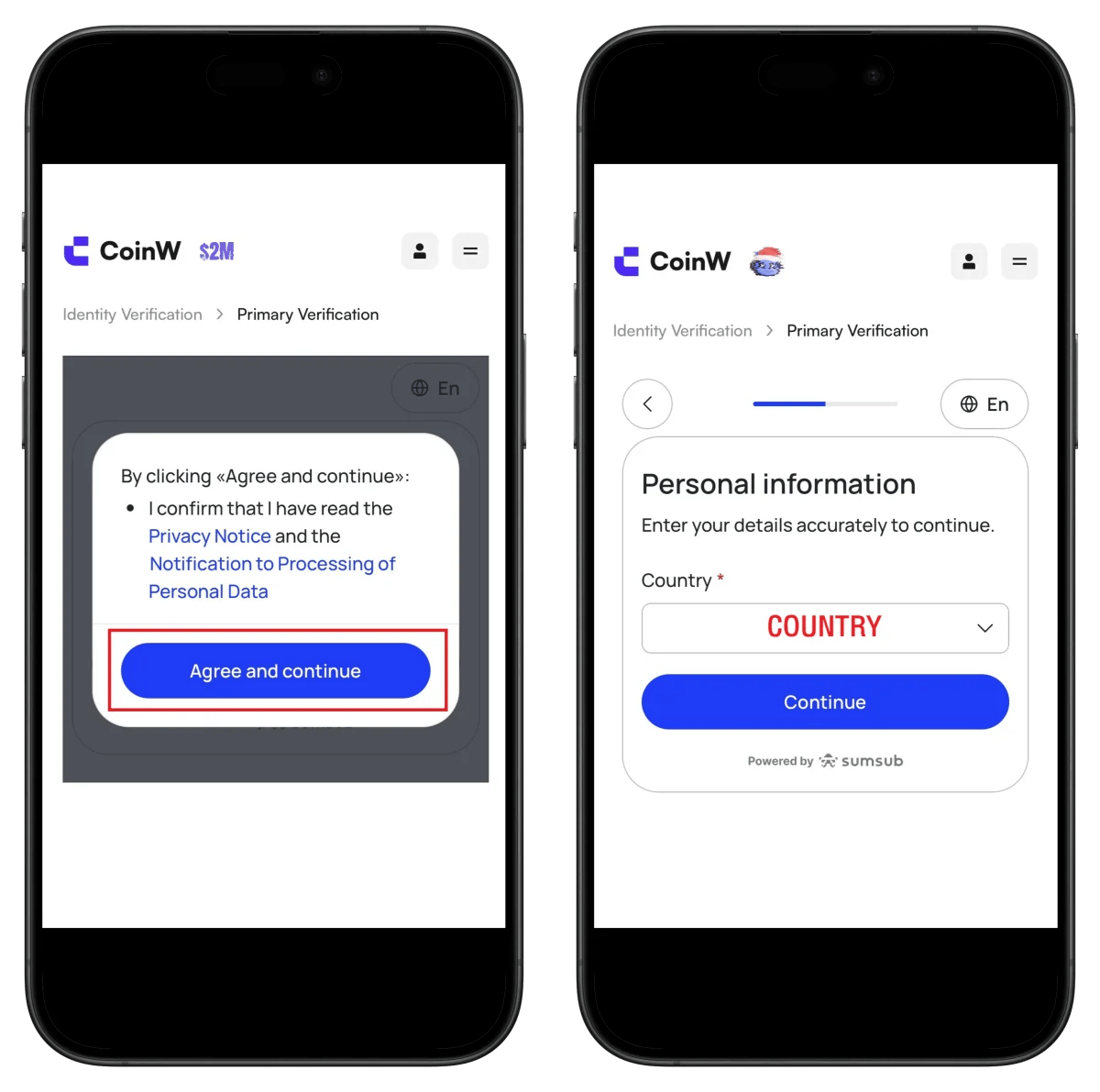 CoinW privacy agreement and country selection screen