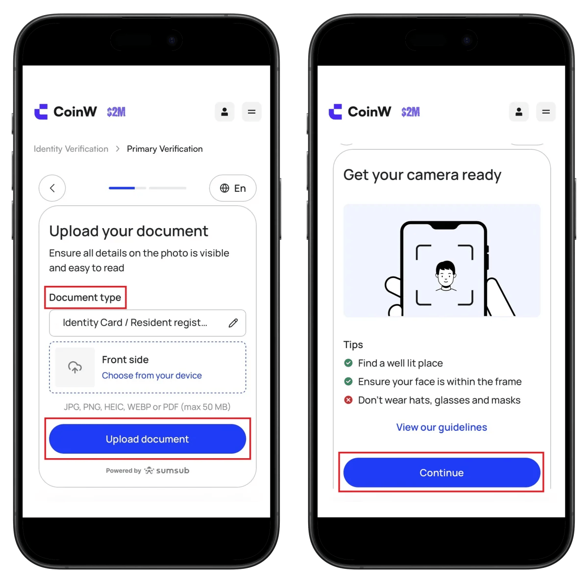 CoinW ID upload screen